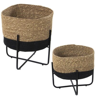 SET 2 WICKER/METAL POT POTS _30X30X33+24X24X25CM ST60969