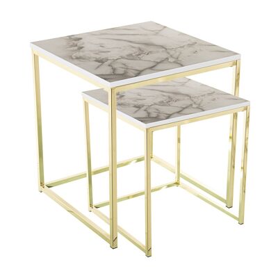 SET OF 2 WOODEN AUXILIARY TABLES WHITE MARBLE FINISH 45X45X50CM+35X35X40CM ST84272