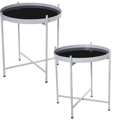 SET 2 TABLES AUXILIAIRES MÉTAL VERRE BLANC _°53X56+°58X62CM ST71849