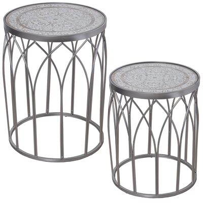 SET 2 AUXILIARY TABLES SILVER METAL/CARVED WOOD WITH CRIST °45X60+°40X50CM, WOOD:DM ST68303