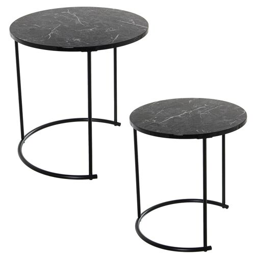 SET 2 MESAS AUXILIARES METAL/MADERA ACABADO MÁRMOL NEGRO °42X44CM+°50X49CM ST84280