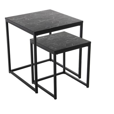 LOT DE 2 TABLES AUXILIAIRES MÉTAL/BOIS FINITION MARBRE NOIR 45X45X50CM+35X35X40CM ST84270