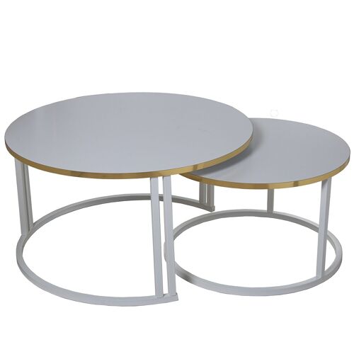 SET 2 MESAS CENTRO MADERA BLANCA PATAS METAL BLANCO _°80X43+°60X38CM, CANTO DORADO ST72236