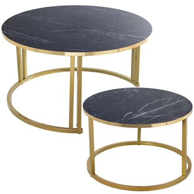 SET OF 2 WOODEN COFFEE TABLES METAL LEGS GOLD-BLACK MARBLE EFFECT _°80X43+°60X38CM ST72251