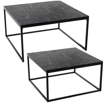 LOT DE 2 TABLES BASSES MÉTAL/BOIS FINITION MARBRE NOIR 75X75X40CM+65X65X35CM ST84269 2