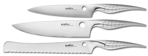 Set of 3 kitchen knives: utility 168 mm, bread knife 235 mm, Chef's 200 mm. Hardness 60 HRC-SRP-0230