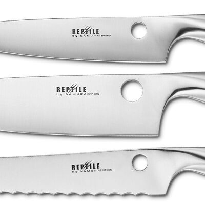 Set de 3 couteaux de cuisine : utilitaire 168 mm, couteau à pain 235 mm, Chef's 200 mm. Dureté 60 HRC-SRP-0230