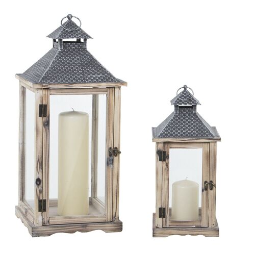 SET 2 FAROLES MADERA ENVEJECIDA 28X18X57+18X11X39CM ST79078