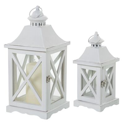 SET 2 WOOD/METAL/WHITE GLASS LANTERN 20X20X44+13X13X31CM ST79075