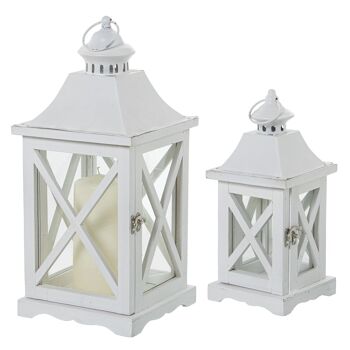 SET 2 LANTERNE BOIS/MÉTAL/VERRE BLANC 20X20X44+13X13X31CM ST79075 1