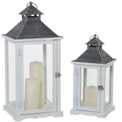 SET 2 WOOD/METAL/WHITE GLASS LAMPS 26X26X59+19X19X42CM ST79077