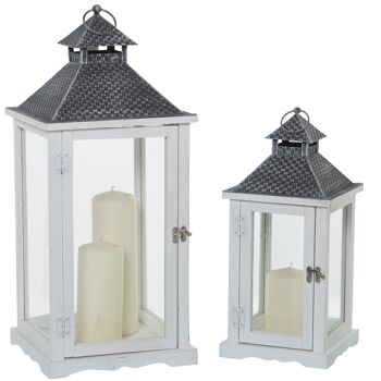 SET 2 LANTERNE BOIS/MÉTAL/VERRE BLANC 26X26X59+19X19X42CM ST79077 1