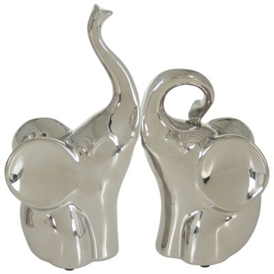 SET 2 FIGURINES D'ÉLÉPHANTS EN CÉRAMIQUE ARGENT _13X9X26+13X9X20CM ST54751