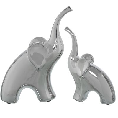 SET 2 FIGURINES D'ÉLÉPHANTS EN CÉRAMIQUE ARGENTÉE 19X8X26+15X7X21CM ST53791