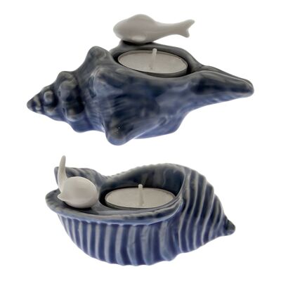 SET 2 CERAMIC CANDLE HOLDER SHELLS BLUE/WHITE 7.5X12X6CM+10.5X7.5X5CM ST58840