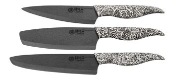 set de 3 couteaux (couteau utilitaire 155 mm, couteau Nakiri 165 mm, couteau de chef 187 mm) NOIR-SIN-0220B