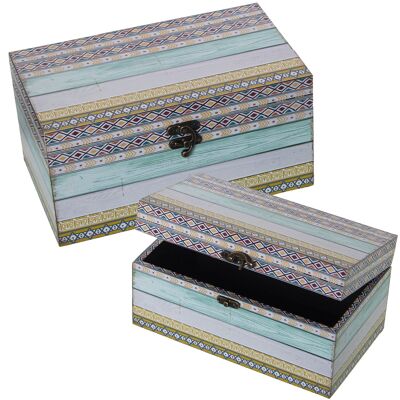 SET 2 BOITES DÉCORÉES BOIS/TOILE POLYESTER 30X18X15+24X14X12CM ST27036