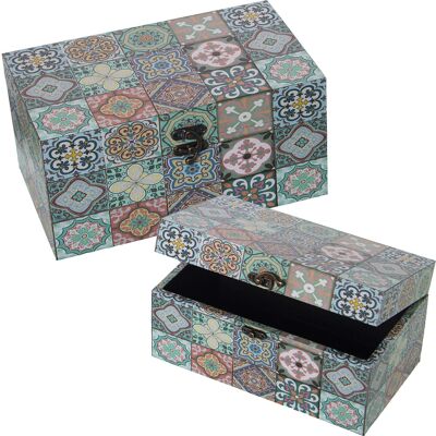 SET 2 DEKORIERTE BOXEN AUS HOLZ/POLYESTER-CANVAS-FLIESEN 30X18X15+24X14X12CM ST27038