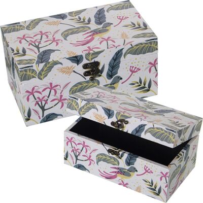 SET 2 SCATOLE DECORATE LEGNO/TELA POLIESTERE PAPPAGALLO+FOGLIE 30X18X15+24X14X12CM ST27042