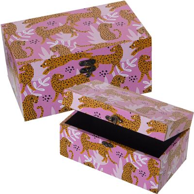 SET 2 BOITES DÉCORÉES BOIS/TOILE POLYESTER ROSE LÉOPARD 30X18X15+24X14X12CM ST27048