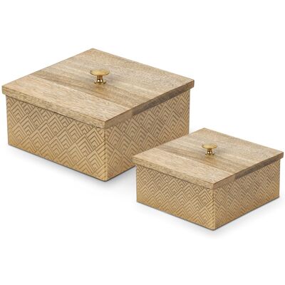 SET 2 SCATOLE LEGNO/METALLO ORO _17X17X9CM+13X13X8CM ST36907
