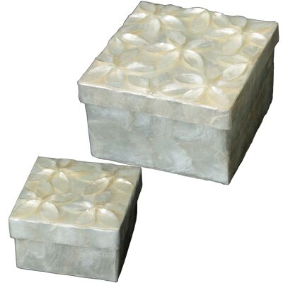 SET 2 MOTHER OF PEARL BOXES NATURAL RELIEF FLOWERS _13X13X8+9X9X6CM ST37160