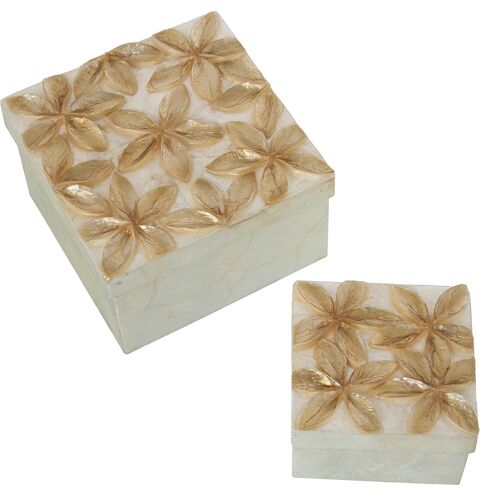 SET 2 CAJAS NACAR FLORES RELIEVE TOSTADO/NATURAL _13X13X8CM+9X9X6CM ST39307