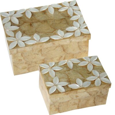 SET 2 RECT BOXES MOTHER OF PEARL FLOWERSRELIEF NATURAL/TAN _21X14X10+16X11X8CM ST37857