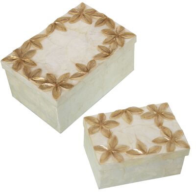 SET 2 RECT BOXES MOTHER OF PEARL FLOWERSRELIEF TAN/NATURAL _21X14X10CM+16X11X8CM ST39310