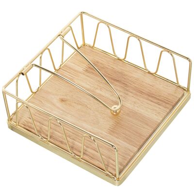 GOLDEN METAL NAPKIN HOLDER WITH WOODEN BASE 18X18X8CM ST82846