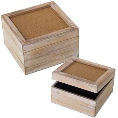 SET 2 SQUARE WOOD+RATTAN BOXES 20X20X12+16X16X9CM ST27053