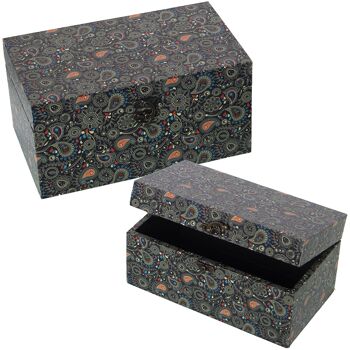 SET 2 BOITES DÉCORÉES BOIS MDF/TOILE POLYESTER 30X18X15+24X14X12CM ST27032 1