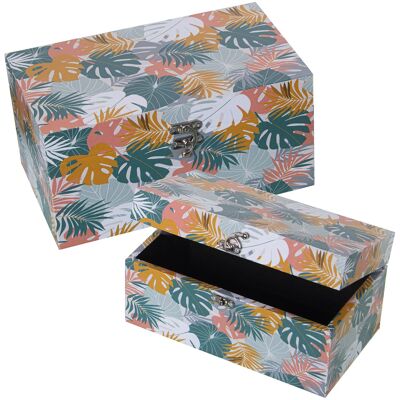 SET 2 BOITES DÉCORÉES FEUILLES DE TOILE MDF/POLYESTER 30X18X15+24X14X12CM ST27040