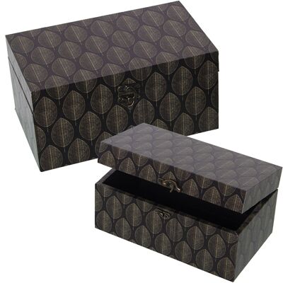 SET 2 DECORATED BOXES MDF WOOD/BLACK POLYESTER CANVAS SHEETS _30X18X15+24X14X12CM ST27034