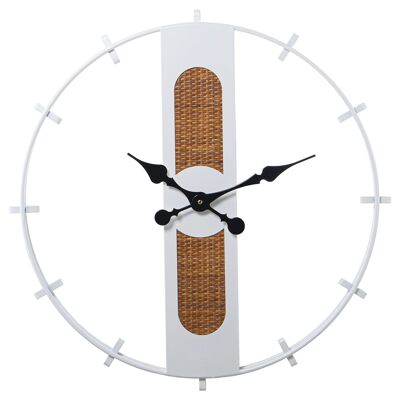 WHITE METAL WALL CLOCK WITH WICKER/WOOD BASE _°64X4.5CM, BATTERY: 1XAA NOT INCLUDED ST71963