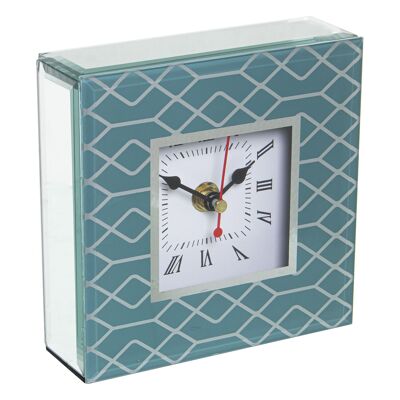 GREEN GLASS/WOOD TABLE CLOCK 14X4,5X14CM,1XAA NOT INCLUDED ST12563