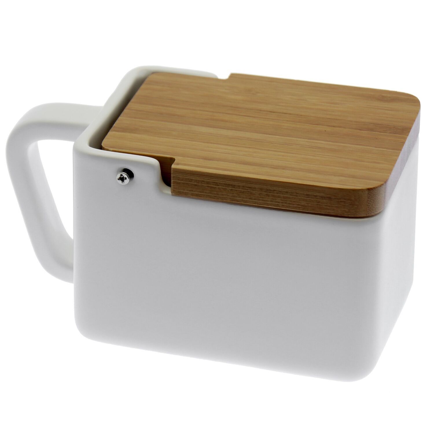 Saliera in ceramica bianca con coperchio in legno, 17x9x9 cm, st87611