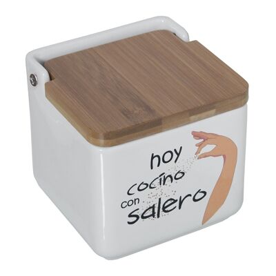 SALERO CERÁMICA -HOY COCINO CON SALERO- C/TAPA MADERA _12X12X12CM ST1128