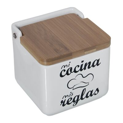 SALERO CERÁMICA -MI COCINA MISREGLAS- C/TAPA MADERA 12X12X12CM ST1133