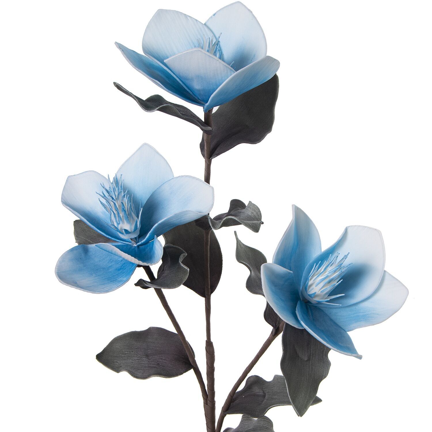 Branche avec 3 fleurs bleues, 87 cm, mousse EVA et papier, 87 cm, st27875
