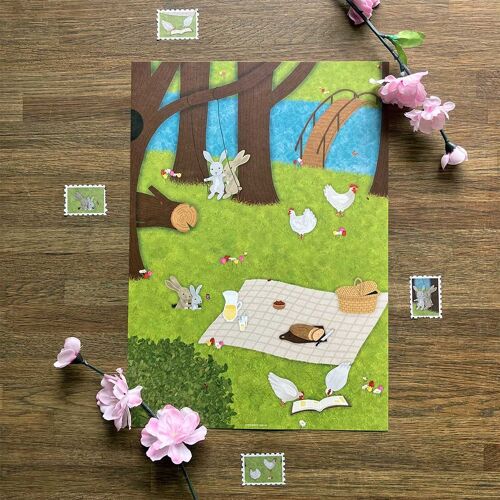 Poster Animals Picnic Art Print Rabbits Chickens Nature Spring Park