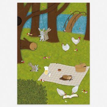 Mini Poster Animaux Pique-nique Art Print Lapins Poulets Nature Spring Park 2