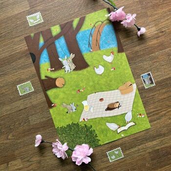 Mini Poster Animaux Pique-nique Art Print Lapins Poulets Nature Spring Park 3