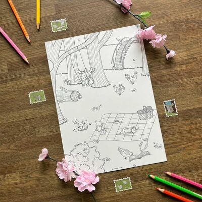 Coloring page Animals Picnic Spring Nature Park Chickens Rabbits