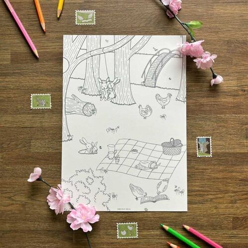Coloring page Animals Picnic Spring Nature Park Chickens Rabbits