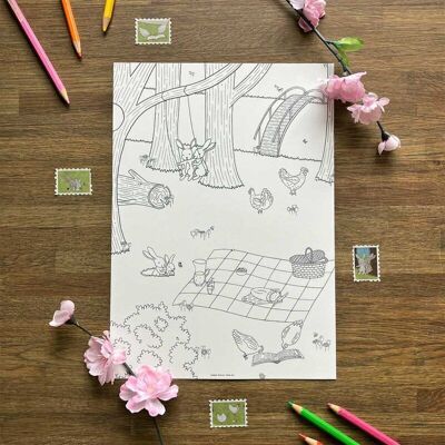 Coloring page Animals Picnic Spring Nature Park Chickens Rabbits