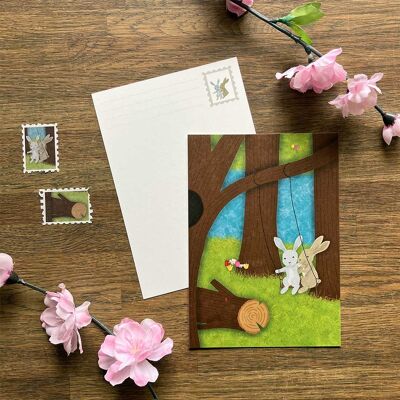 Postkarte Swinging Rabbits Picnic Spring Park Nature