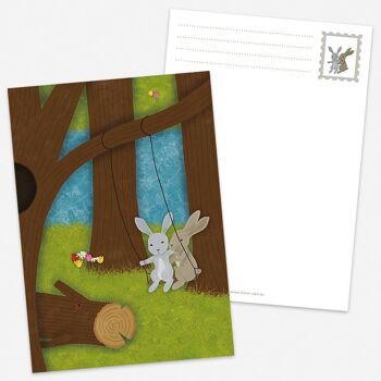 Carte postale Lapins se balançant Pique-nique Printemps Parc Nature 2
