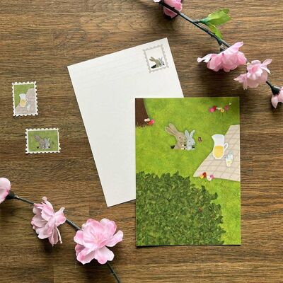 Postkarte Kaninchen und Limonade Picknick Frühling Naturpark