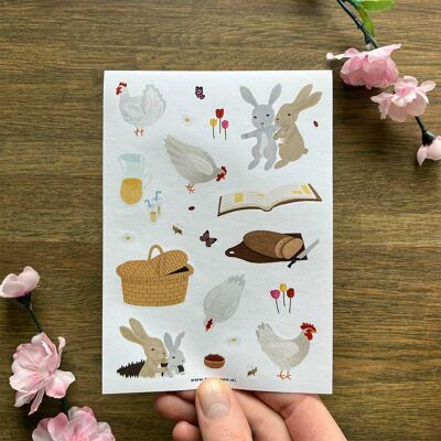 Foglio adesivo A6 Animali Picnic Primavera Conigli Polli Parco